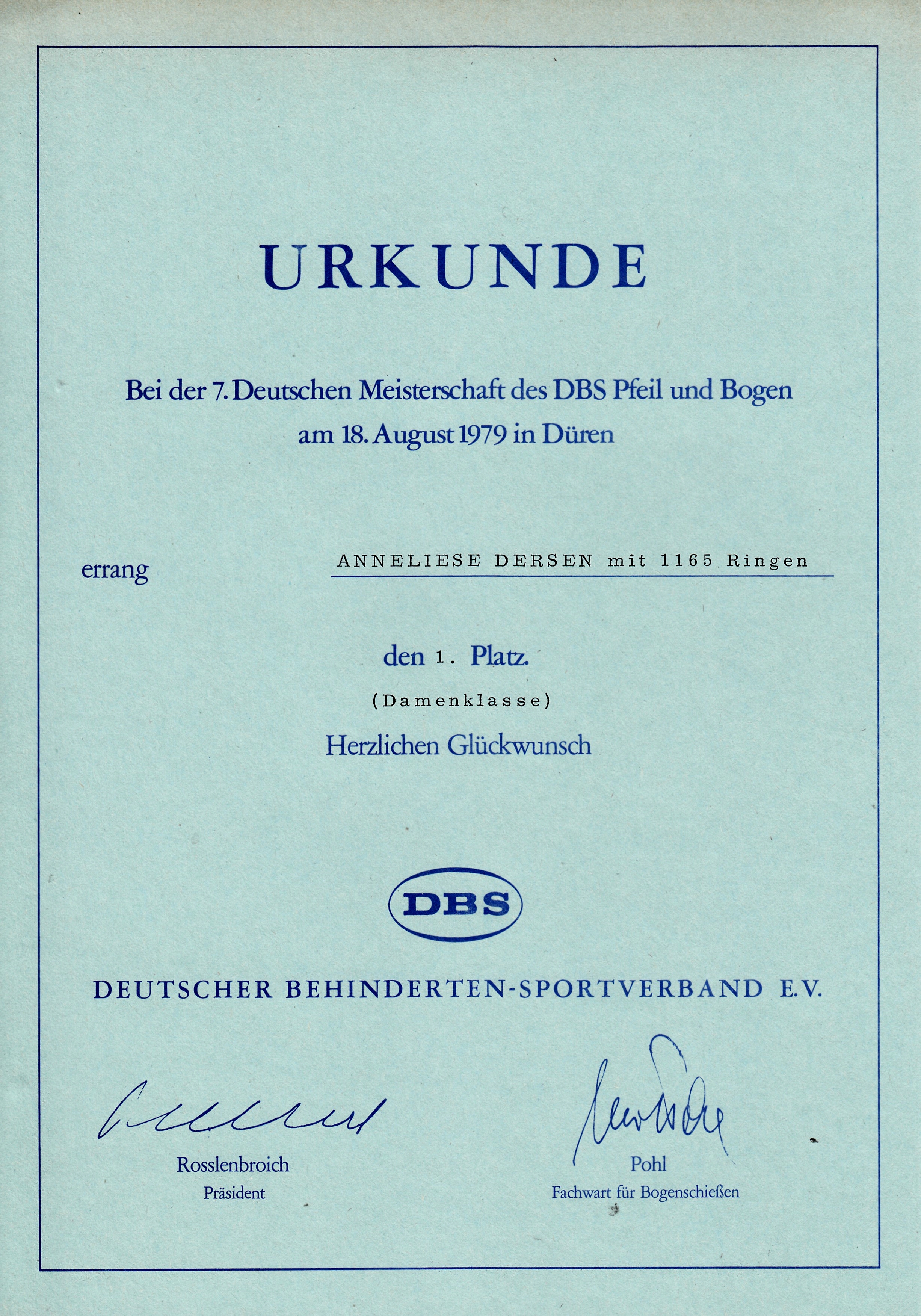 1979 Urkunde DM aus D�ren